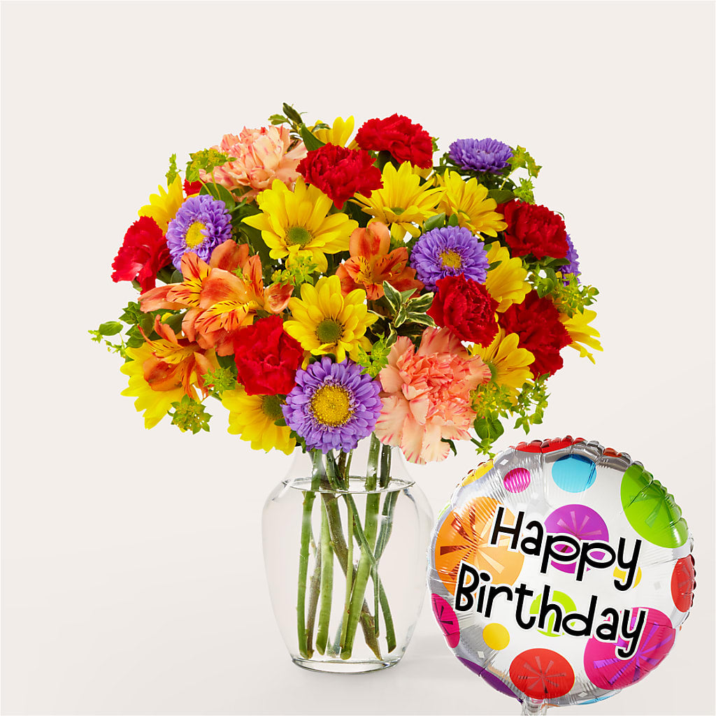 Kaleidoscope Bouquet with Birthday Balloon – DAISY'S FLOWER SHOP, Hemet CA