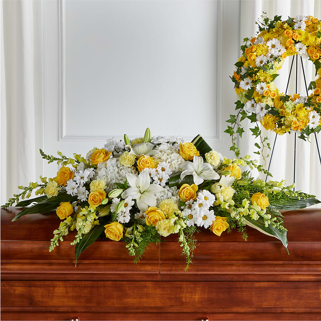 Golden Harmony Casket Spray – DAISY'S FLOWER SHOP, Hemet CA