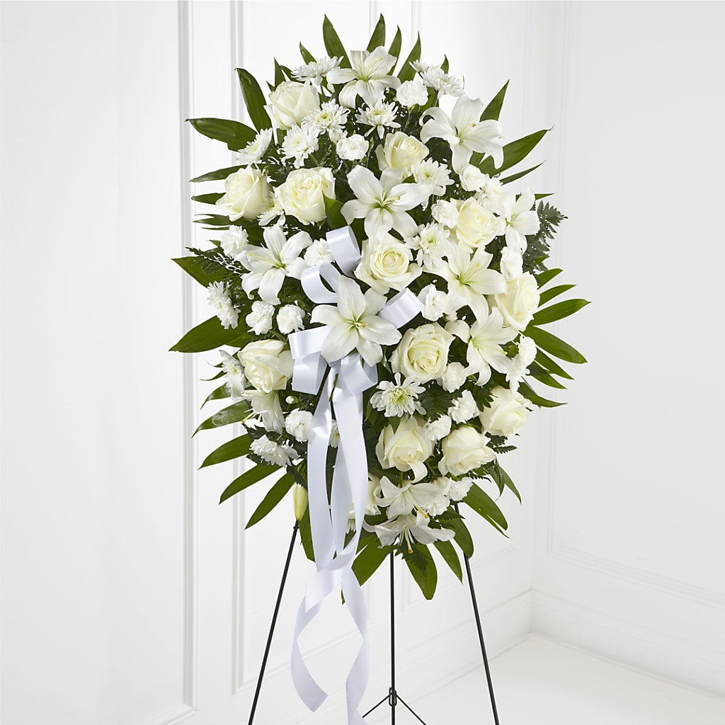 Exquisite Tribute Standing Spray-White Ribbon – DAISY'S FLOWER SHOP, Hemet CA